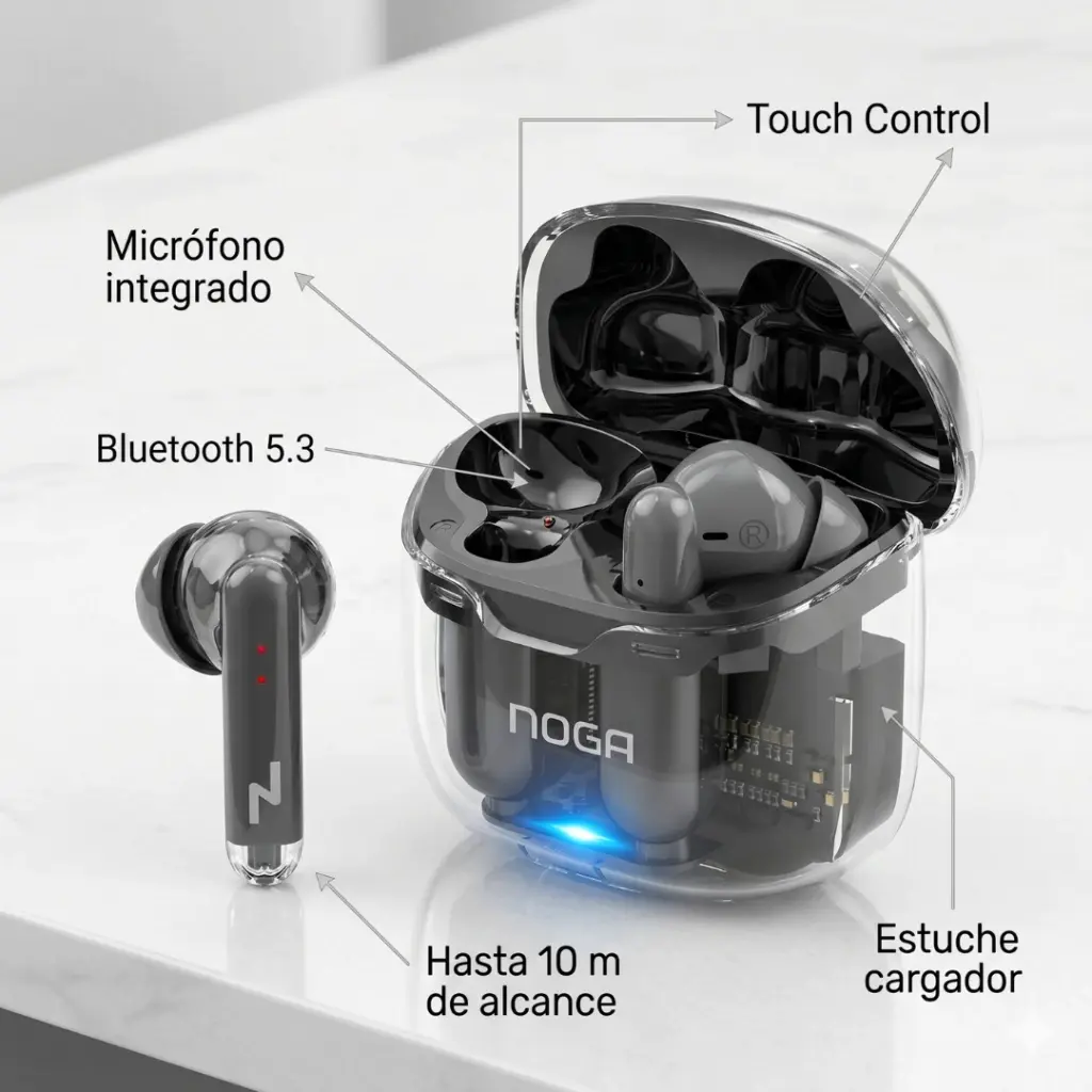 Auricular bluetooth Noga Twins 35 bluetooth 5.3 transparentes-2.webp