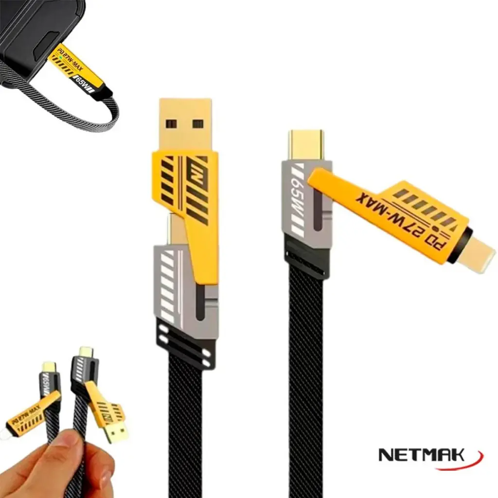 Cable 4 en 1 usb lightning usb c carga rápida 60W Netmak 1mt reforzado trenzado carga y datos premium-2.webp