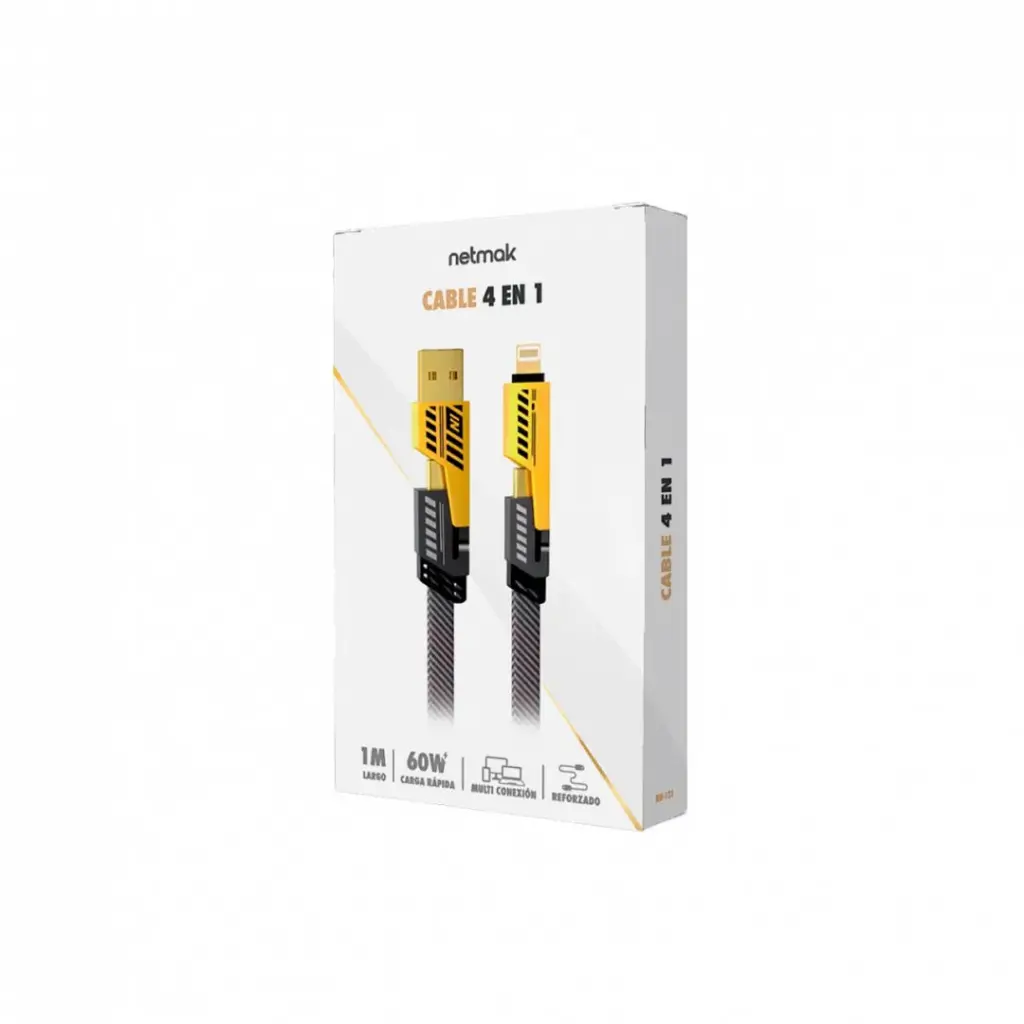 Cable 4 en 1 usb lightning usb c carga rápida 60W Netmak 1mt reforzado trenzado carga y datos premium-4.webp