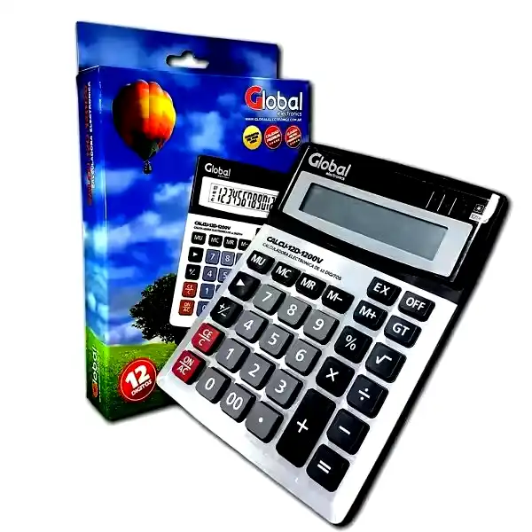 Calculadora 12 dígitos metálica Global 1200v plateada con botones grandes y tamaño 192x147x42mm 