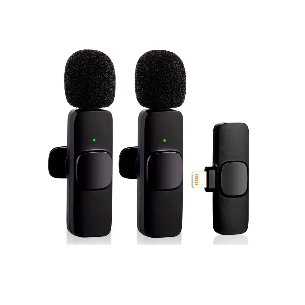 Micrófonos corbateros inalámbricos doble recargables K9i Iphone Ipad p/entrevistas youtubers reducción de ruido c/accesorios - Lightning 