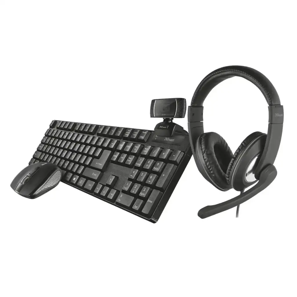 Teclado, mouse inalámbricos, auricular y cámara web Trust Qoby gamer