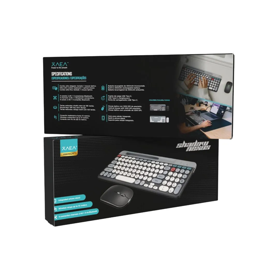Combo teclado y mouse slim inalámbrico 2.4GHz y bluetooth 3 conexiones Xaea recargable soporte celular multitarea 